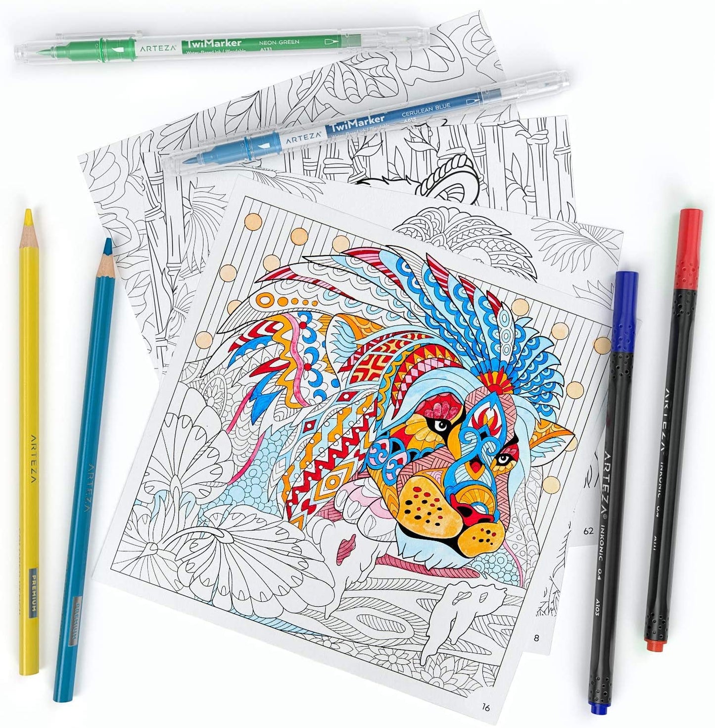 Coloring Books Animal & Doodle Illustrations Gray Outlines 72 sheets - Set of 2