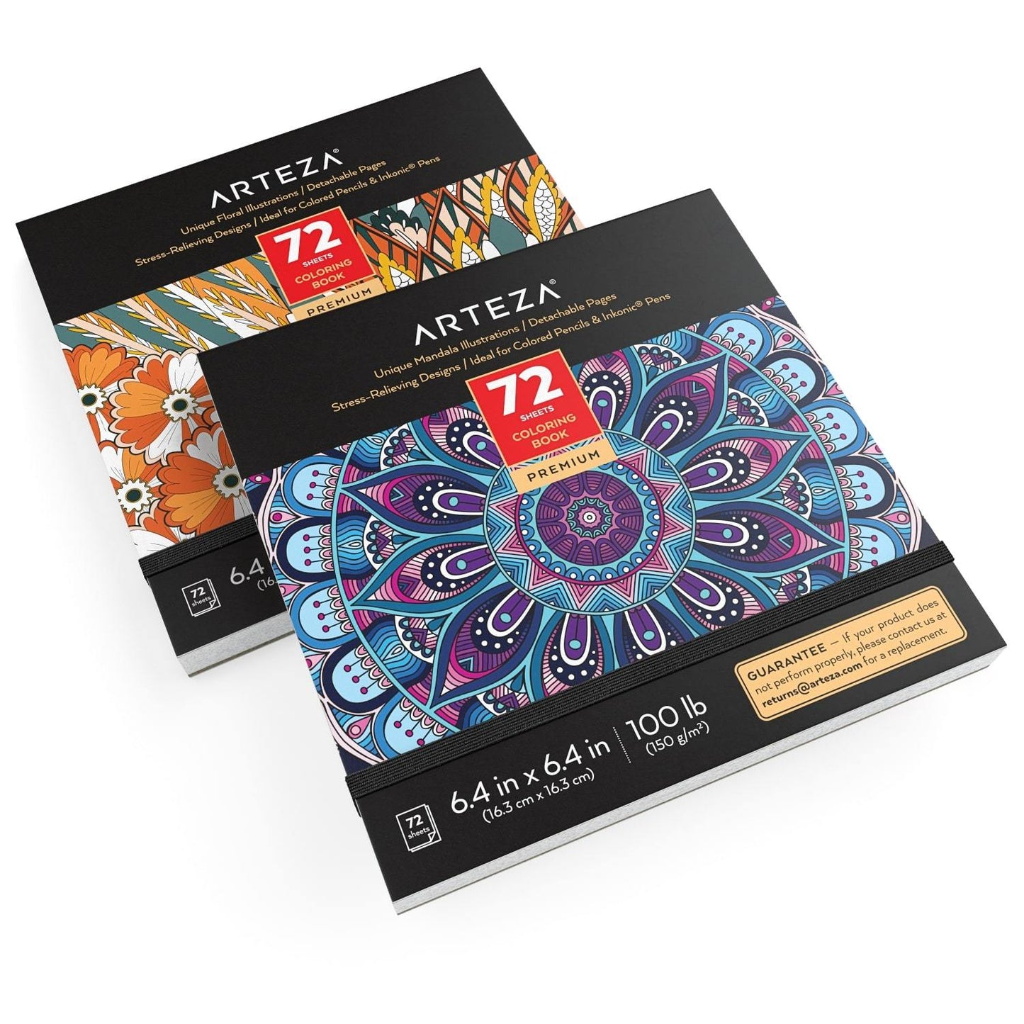 Coloring Books, Floral & Mandala Illustrations, 72 sheets each - Set of 2