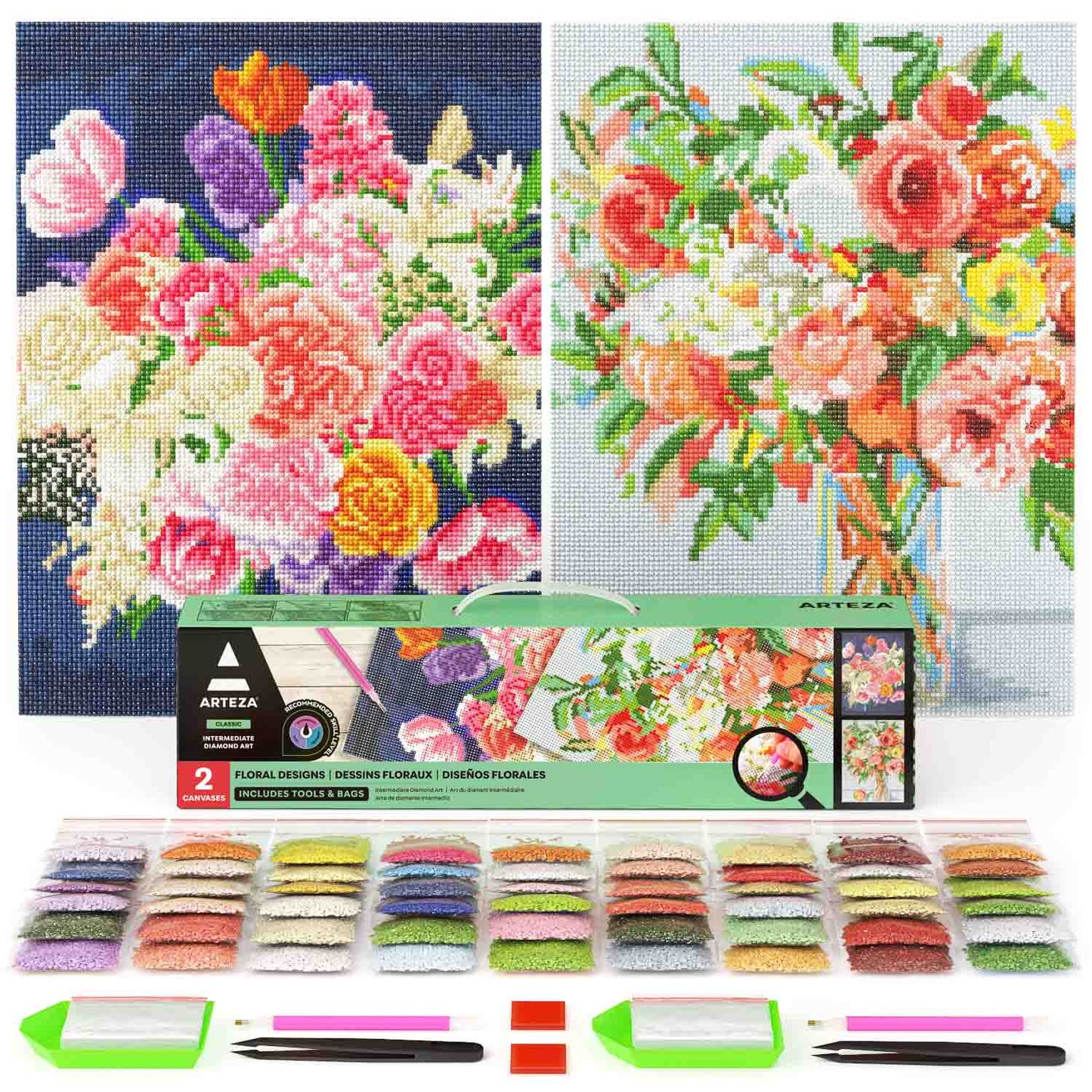Diamond Painting Craft Set, Pastel Floral, 12" x 16" - Set of 2