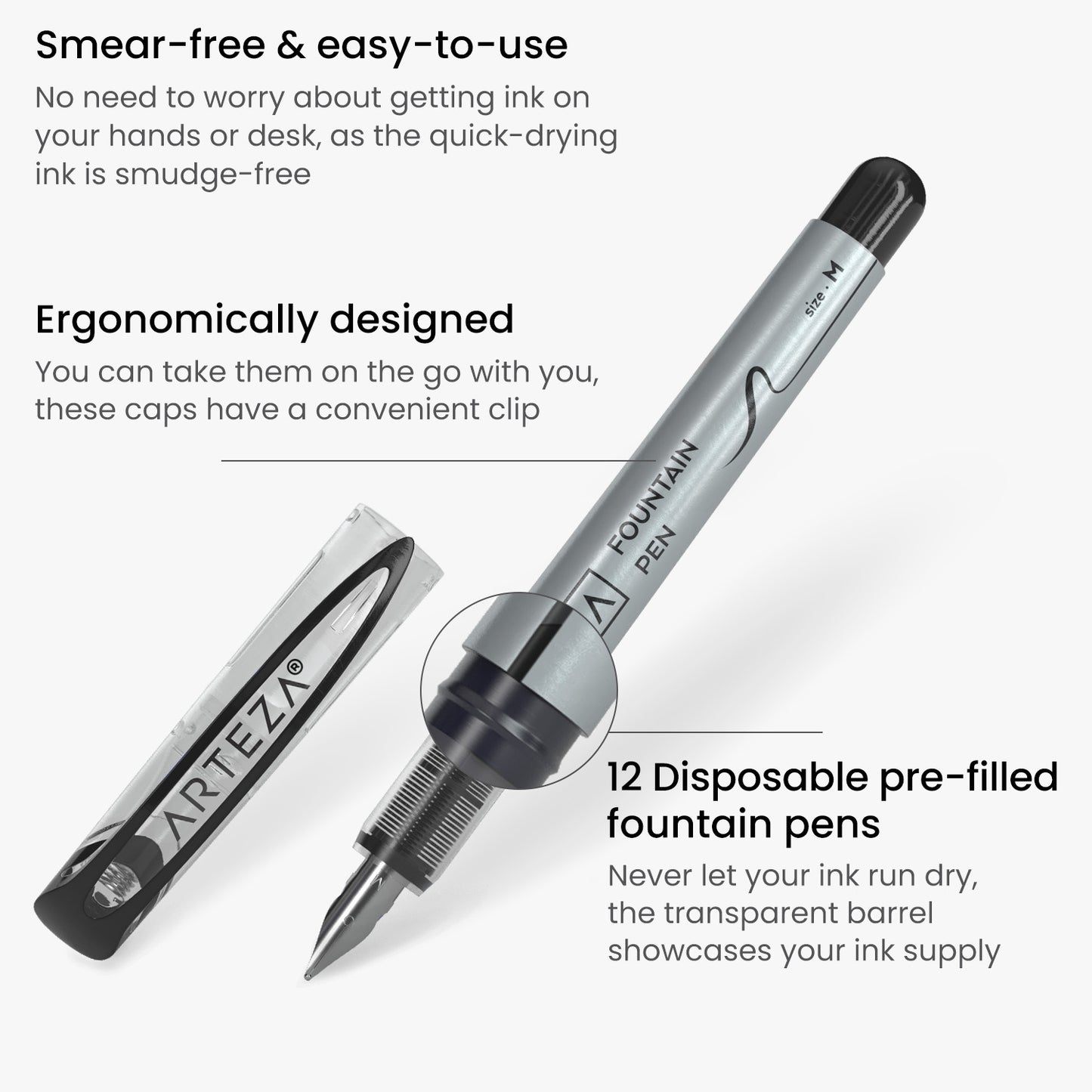 Fountain Pens, Black, Medium Nib - 12 Pack