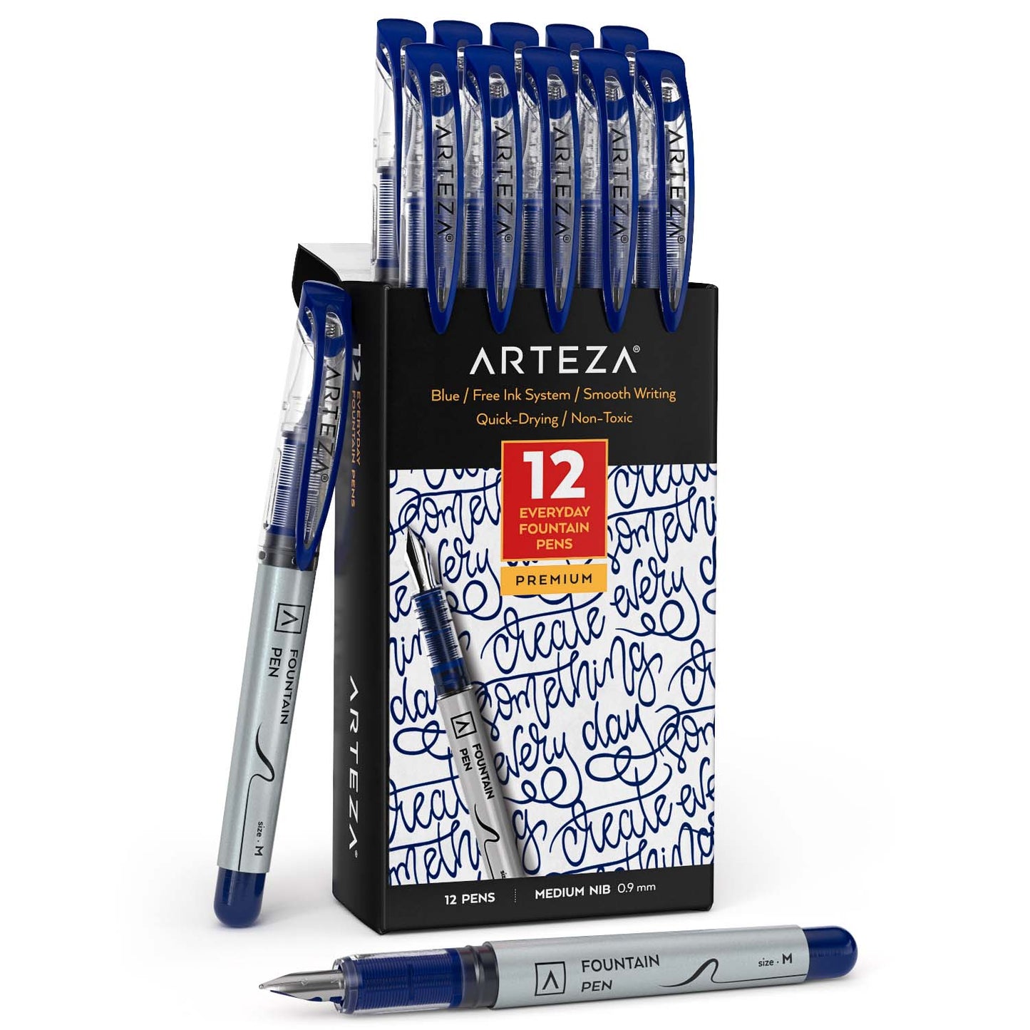 Fountain Pens, Blue, Medium Nib - 12 Pack