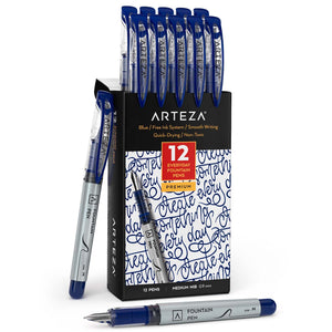 Arteza Felt Tip Pens, Set of 12 Bright Brush Tip Calligraphy Pens for Note Taking, Sketching, Cross-Hatching, and Outlining, Dye-Based Ink, smear-free