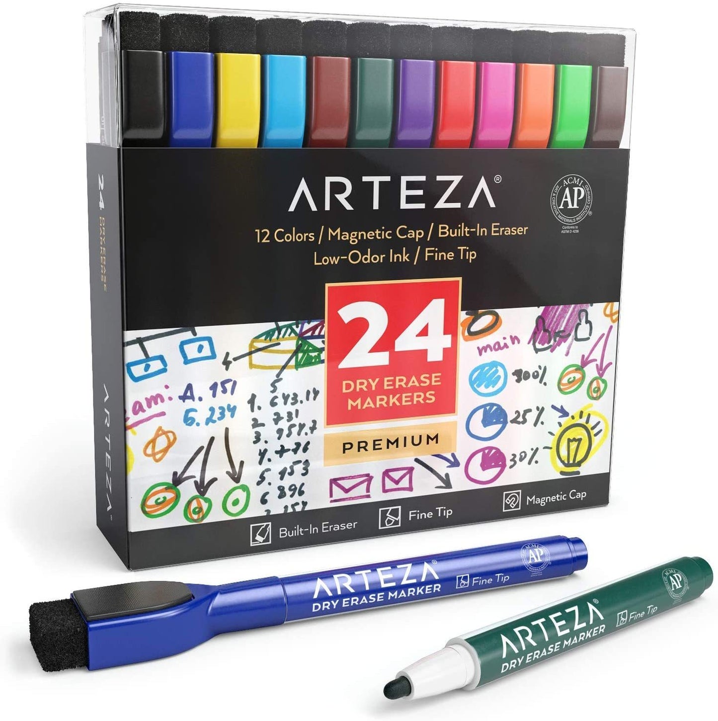 Magnetic Dry Erase Markers Fine Tip, 6 Colors (12 Pack) White Board Markers  Dry Erase Marker with Eraser Cap, Low Odor Whiteboard Markers Dry Erase