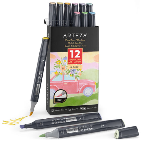 Arteza Professional EverBlend Dual Tip Ultra Artist Brush Sketch Markers,  Pastel Colors, Replaceable Tips - 12 Pack 