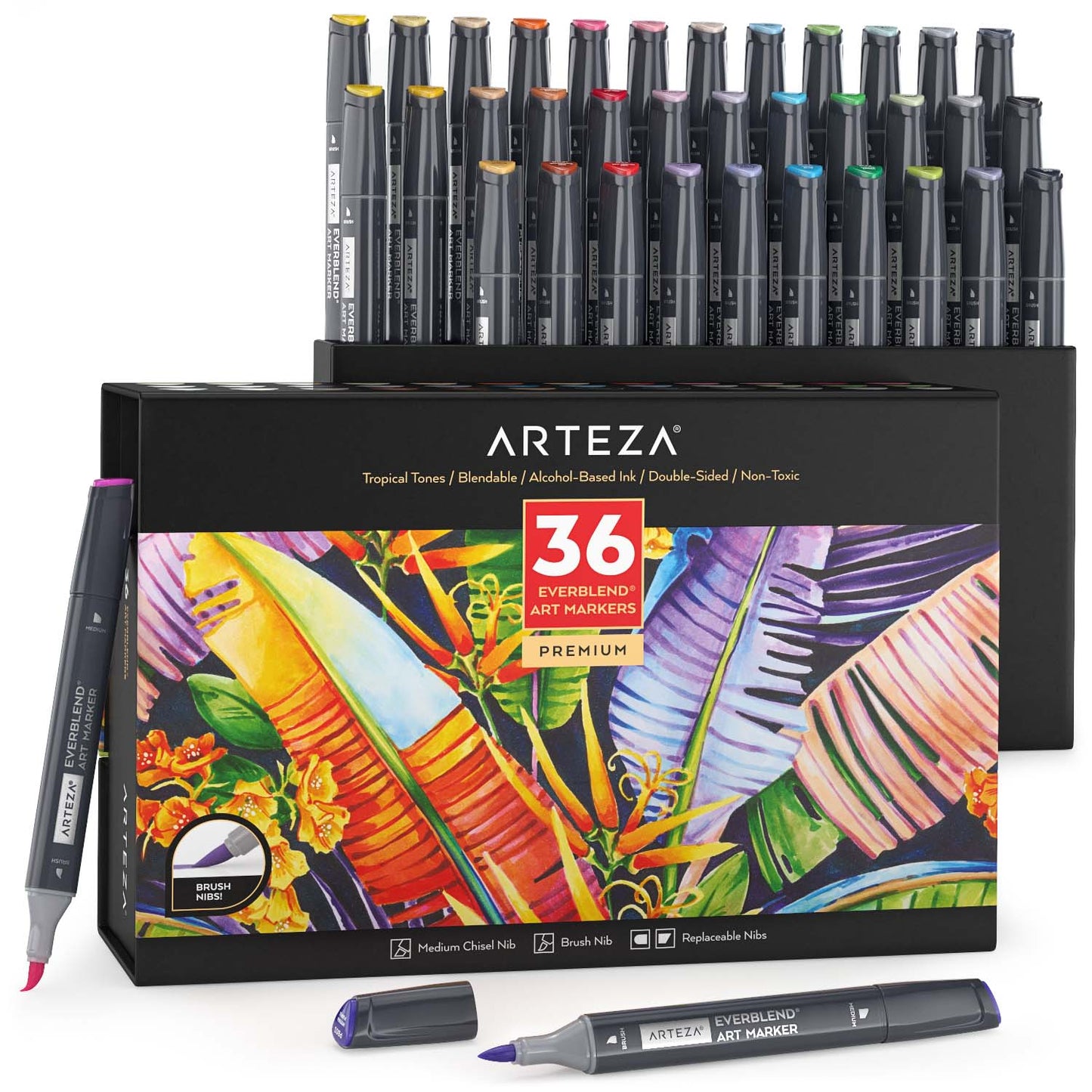 EverBlend Ultra Art Markers, Brush Nib, Bright Colors - Set of 12 - Arteza