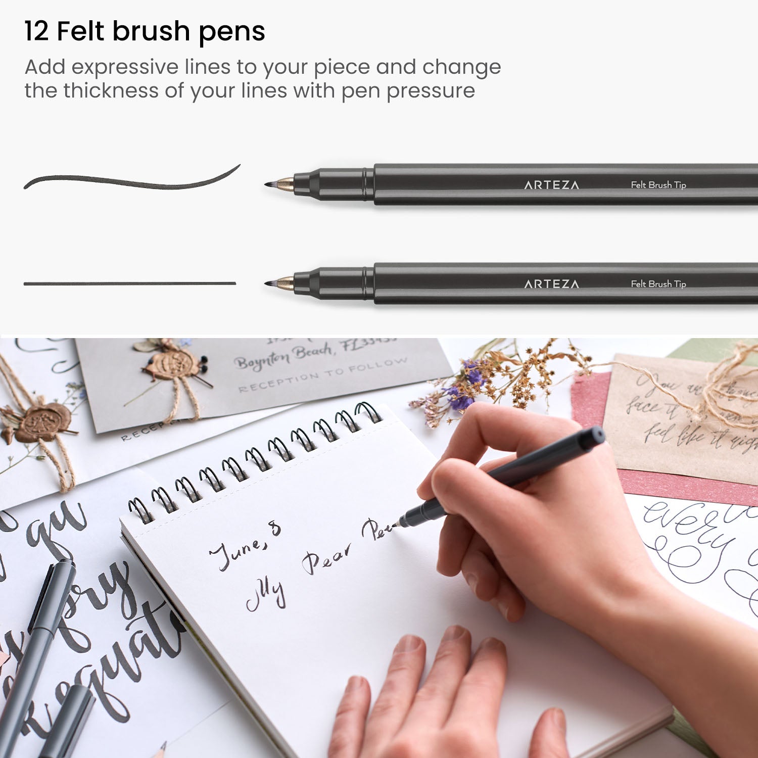 Arteza Felt Tip Pens, Set of 24 Seasonal Brush Tip Calligraphy Pens for Note Taking, Sketching, Cross-Hatching, Outlining, Dye-Based Ink, smear-free