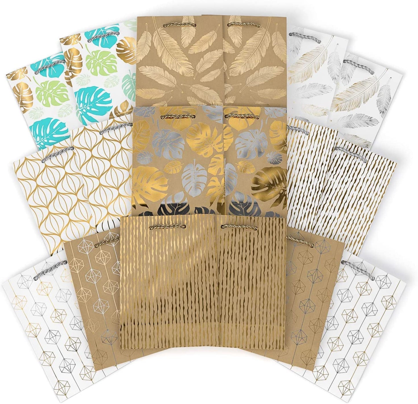 Gift Bags in White & Kraft with Assorted Designs - Set of 18