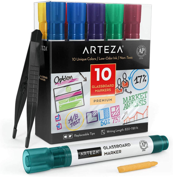 Arteza Washable Glass Board Markers Set, Assorted Classic Colors