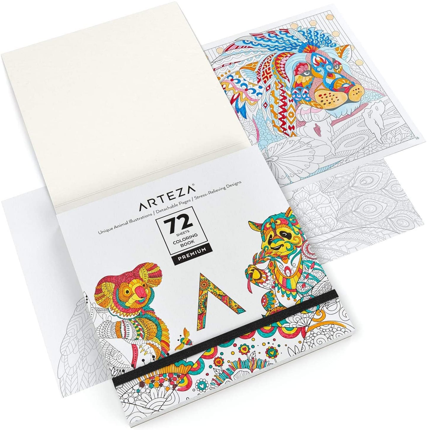 Coloring Book, Animal Illustrations, Gray Outlines, 72 sheets