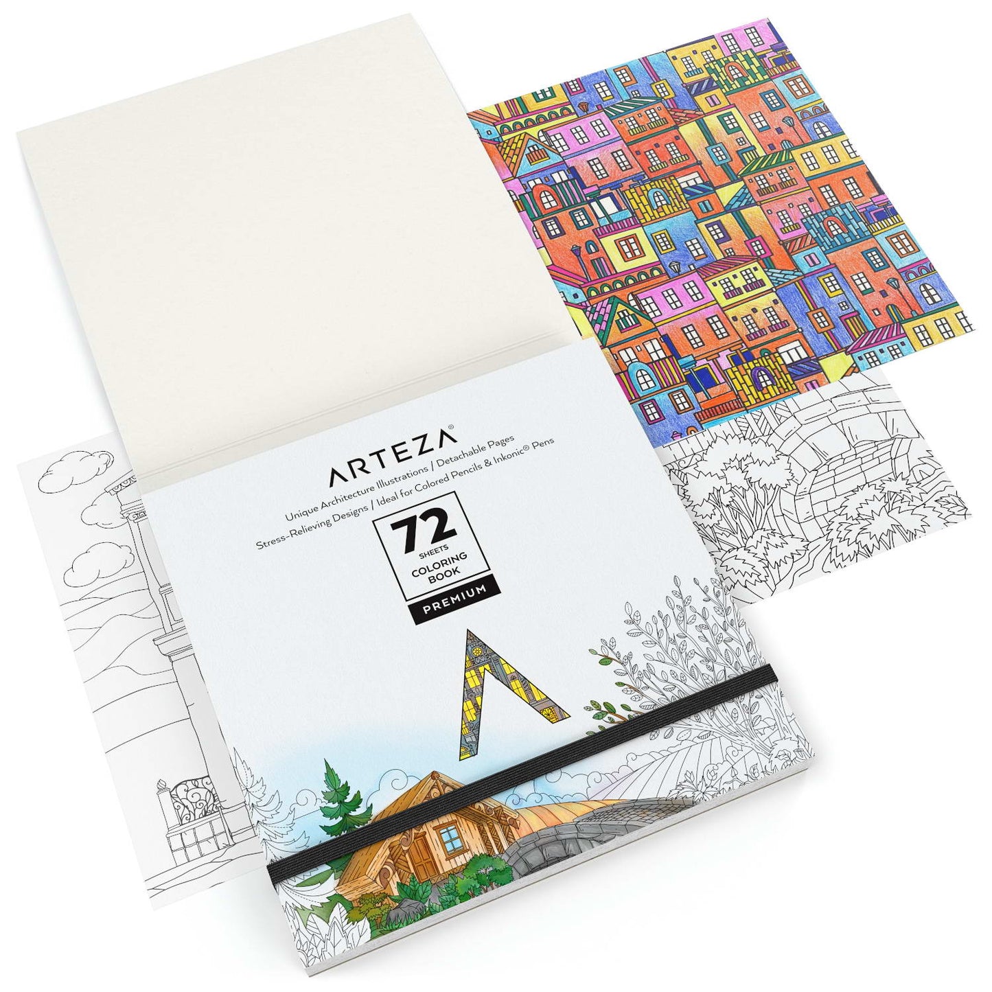 Coloring Book, Architecture Illustrations, 72 sheets