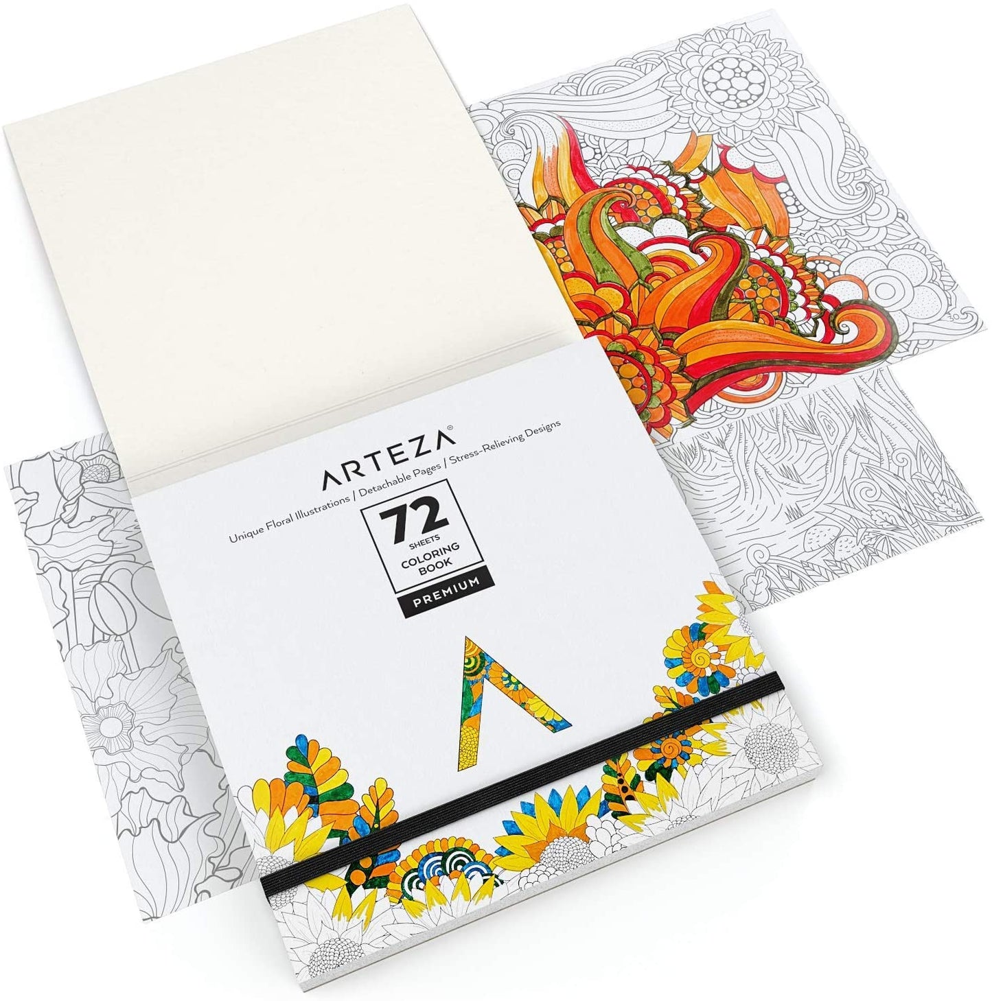 Coloring Book, Floral Illustrations, Gray Outlines, 72 Sheets