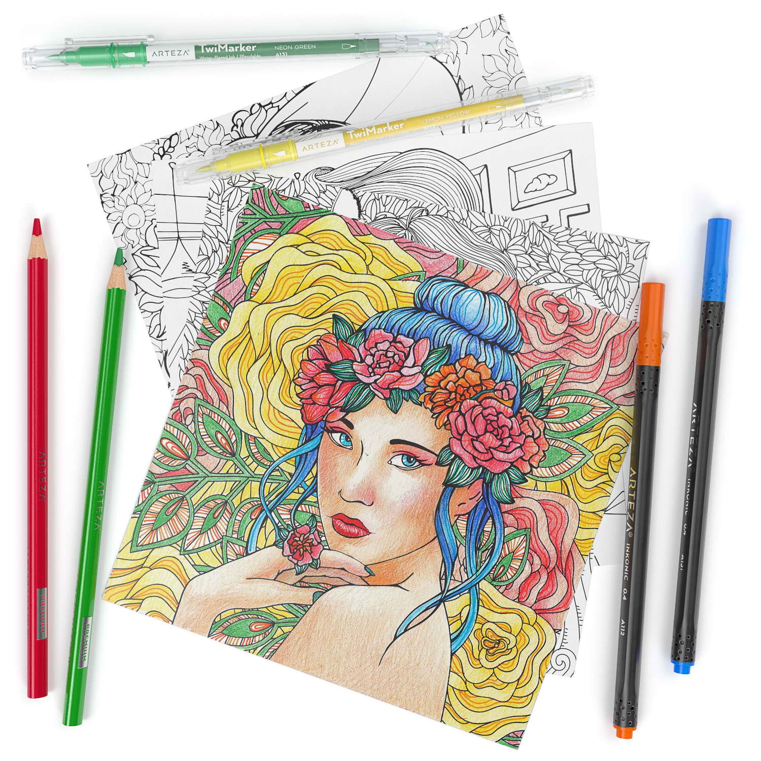 Arteza Portrait Illustrations Coloring Book Page of a Girl