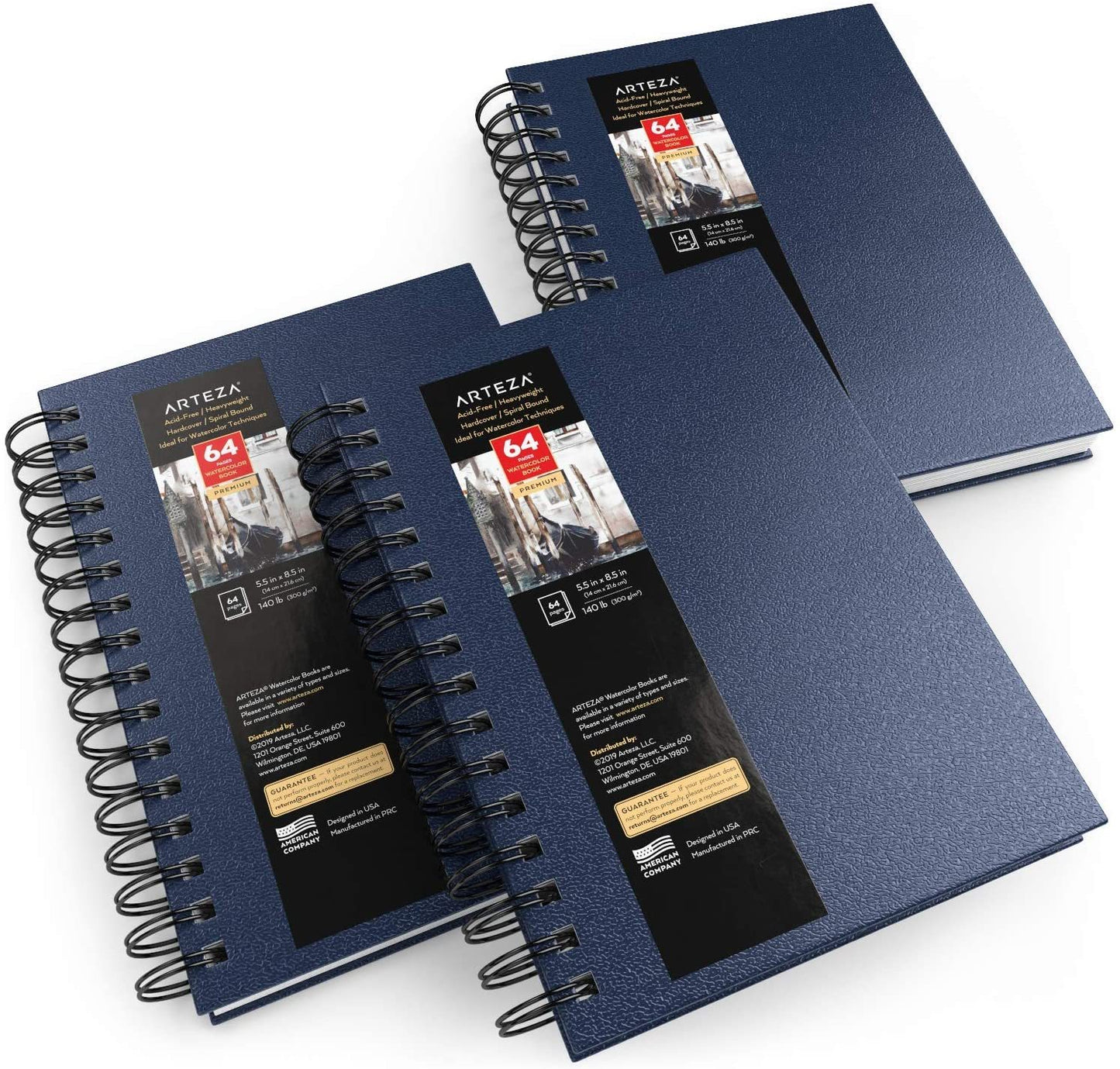 Watercolor Book, Spiral-Bound Hardcover, Blue, 5.5" x 8.5” - Pack of 3