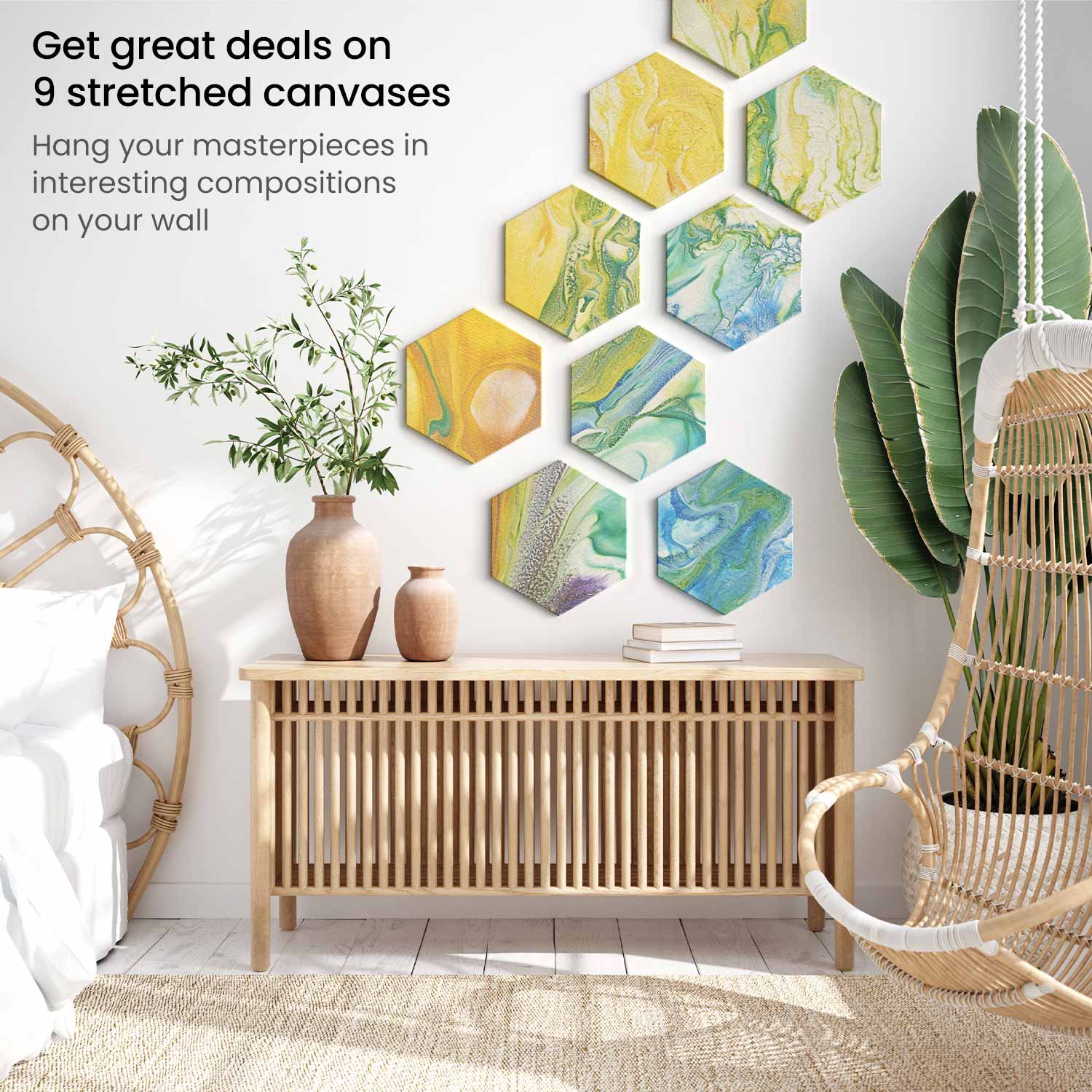 mini hexagon canvases wall art on rope 2-pack, Five Below