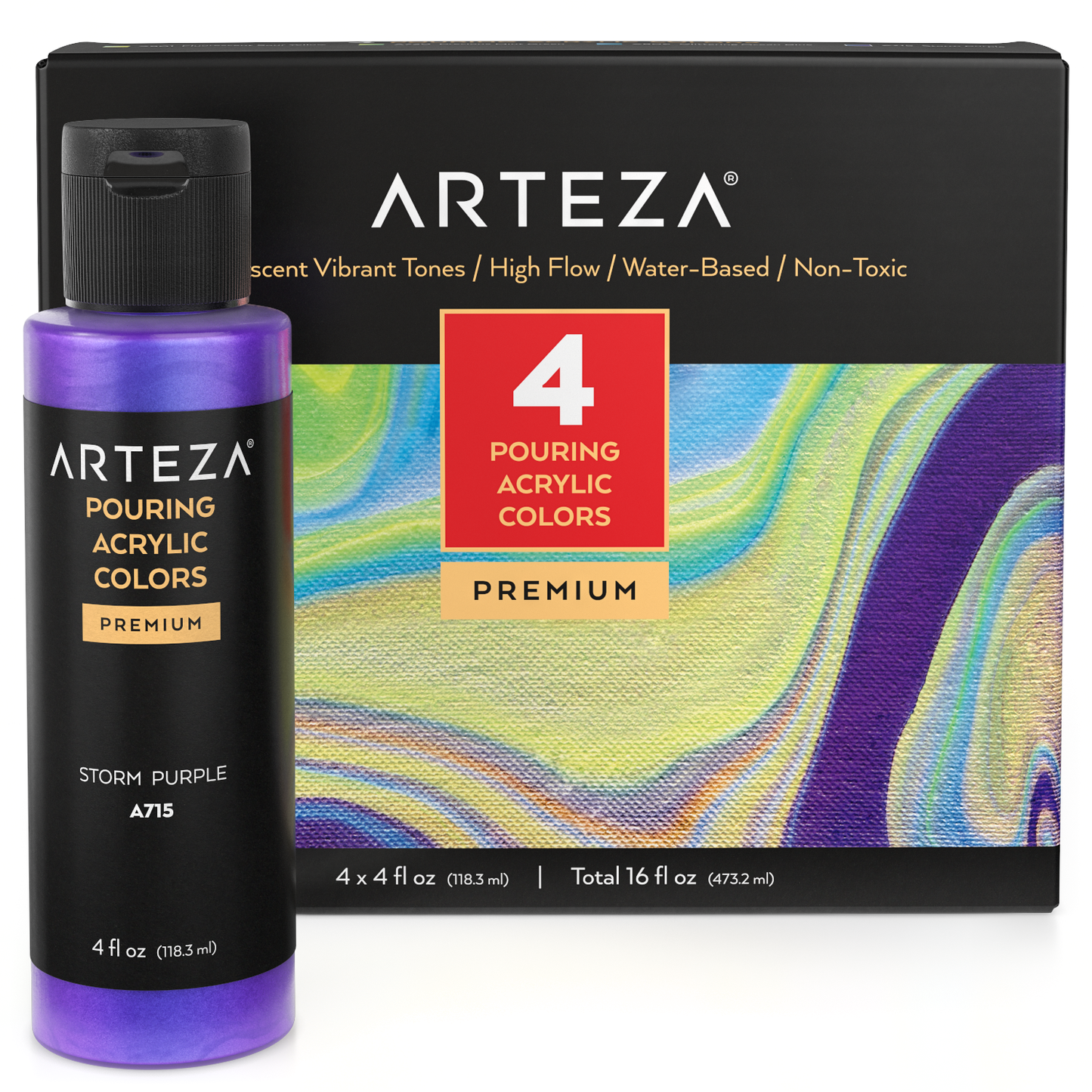 ARTZ-4098 Arteza Iridescent Acrylic Paint, Set Of 4, Candy Tones, 4 Fl Oz  Bottles, High-Flow Pouring Paint, Art Supplies For Canvas, Glass
