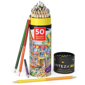 Arteza Kids Fantasy Coloring Kit, 3 Canvas Panels, 4 x 4 in, 10 Markers, 16  Watercolor Pencils, 1 Paint Brush, 1 Sharpener, Kids Activities for Ages 6