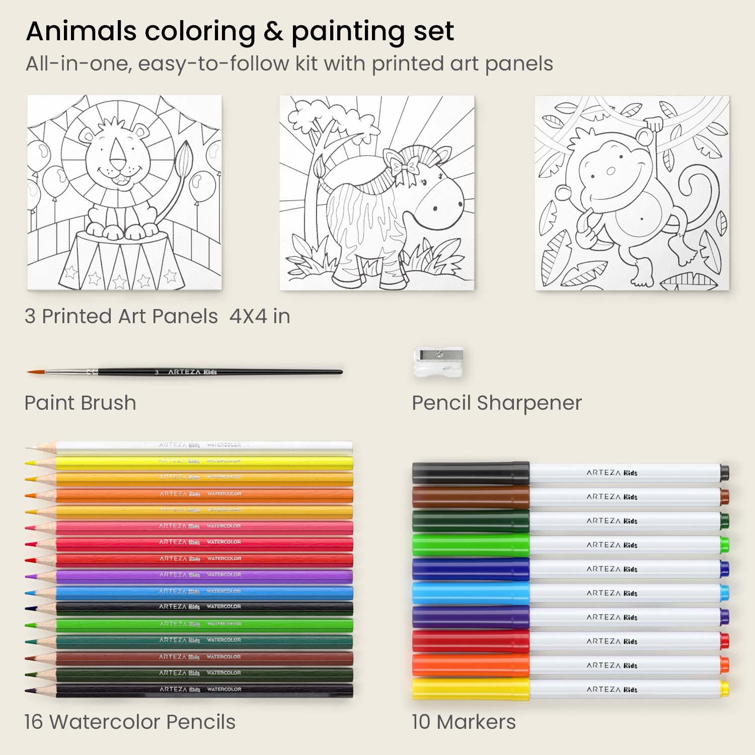 Arteza Kids Canvas Paint Kit, 3 Mini Canvas 4x4 with Watercolor Pencils and Markers, Safari