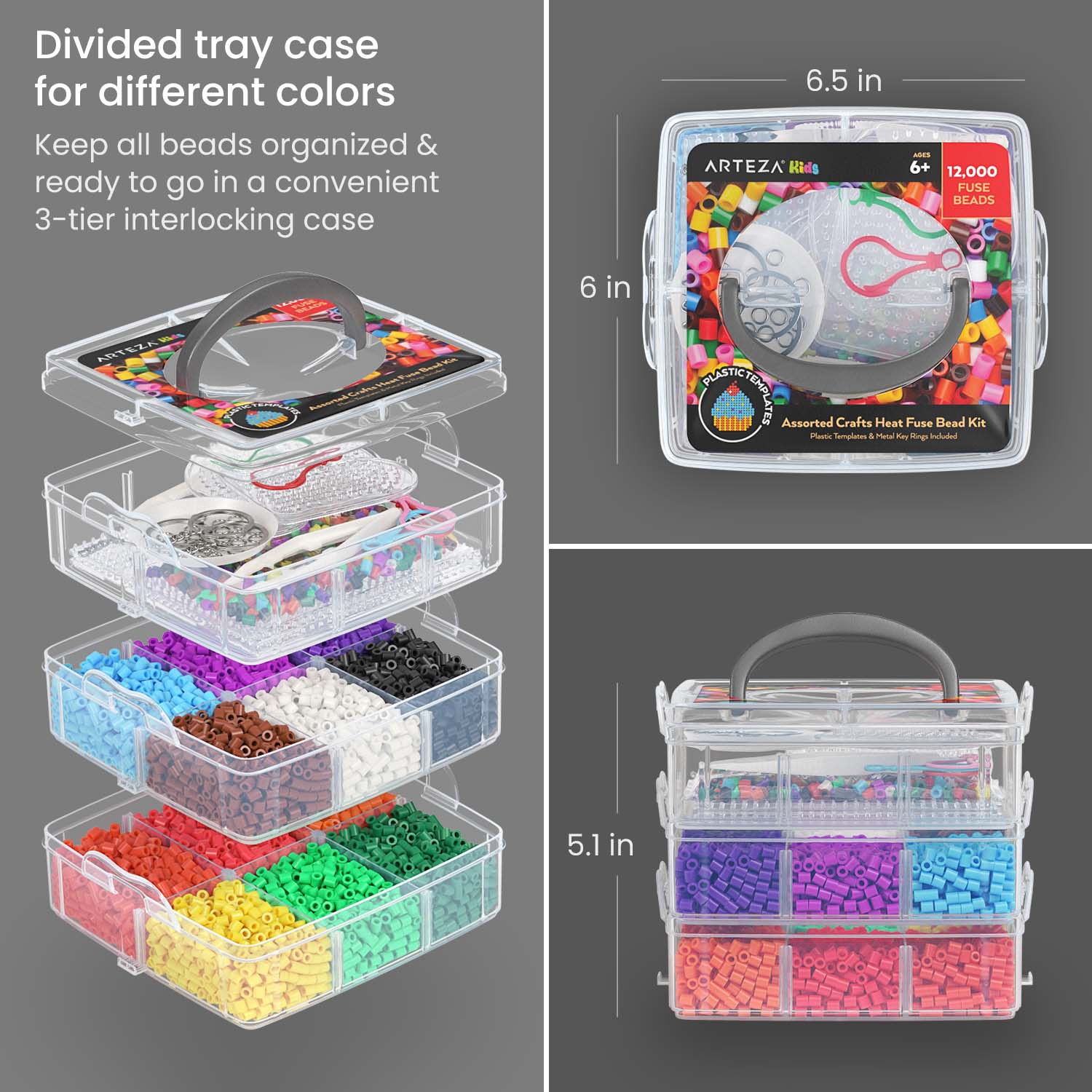 Arteza Kids Heat Fuse Beads, 12,000 Iron Beads, 12 Colors, 35 Assorted Designs, 5 Templates, 10 Key Rings, Kids Activities and Craft Supplies for