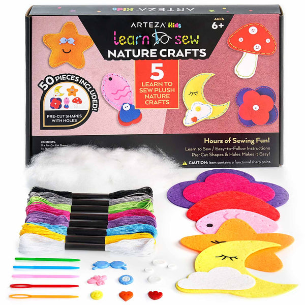  Arteza Kids Hand Sewing Kit, 6 Learn to Sew Accessory Bags, 90  Pieces, Pre-Cut Felt Shapes, Felt Sheets, Plastic Needles, Thread, Buttons,  and Hook & Loop, Kids Craft Supplies with Instruction