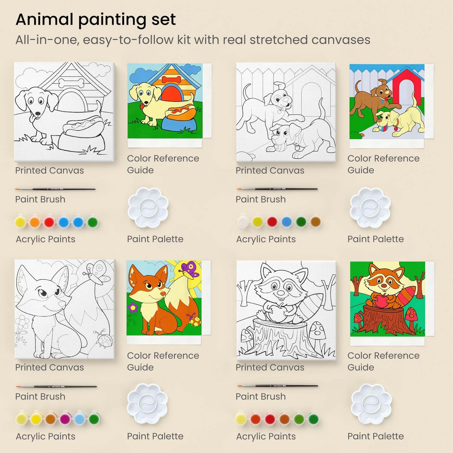 Kids Painting Set, Animals, 8" x 8"