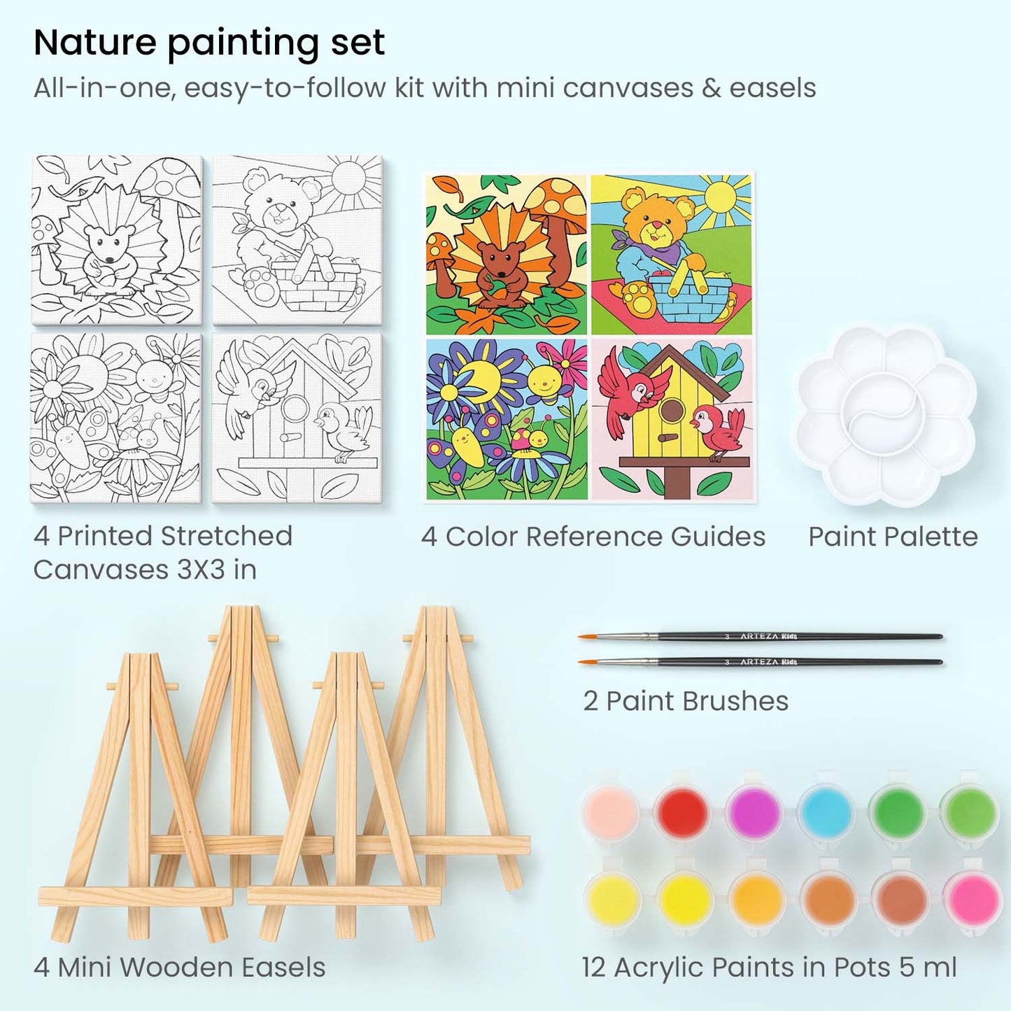 Kids Painting Set, Nature, 3" x 3" Mini Canvas & Easels