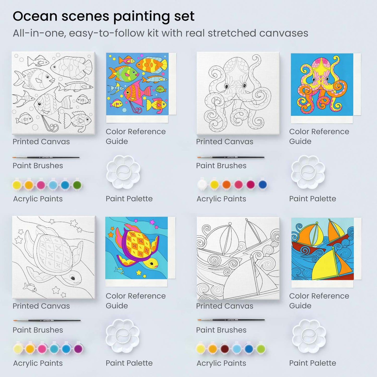 Kids Painting Set, Ocean Scenes, 8" x 8"