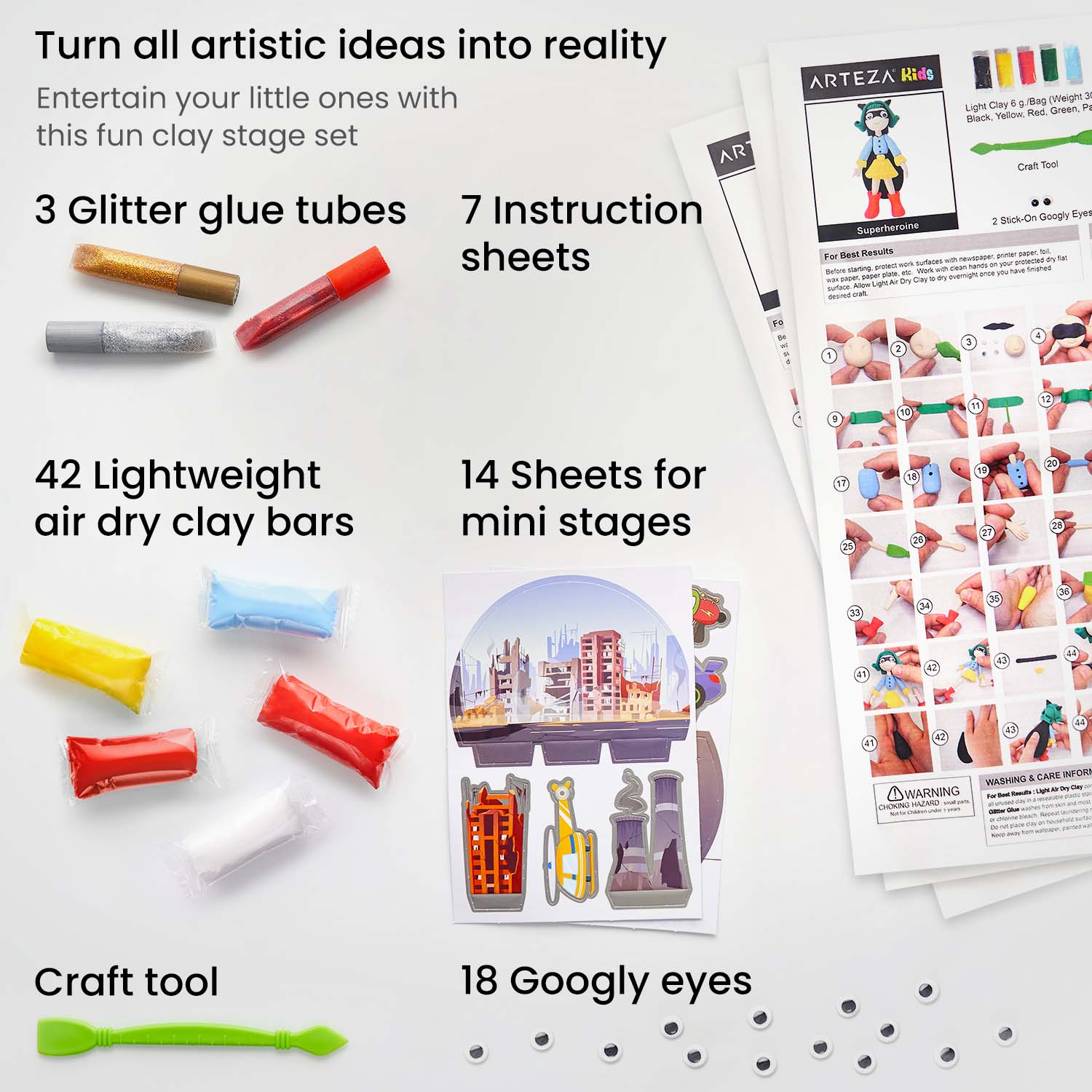 Contents for Kids Clay Stage Set, Superheroes