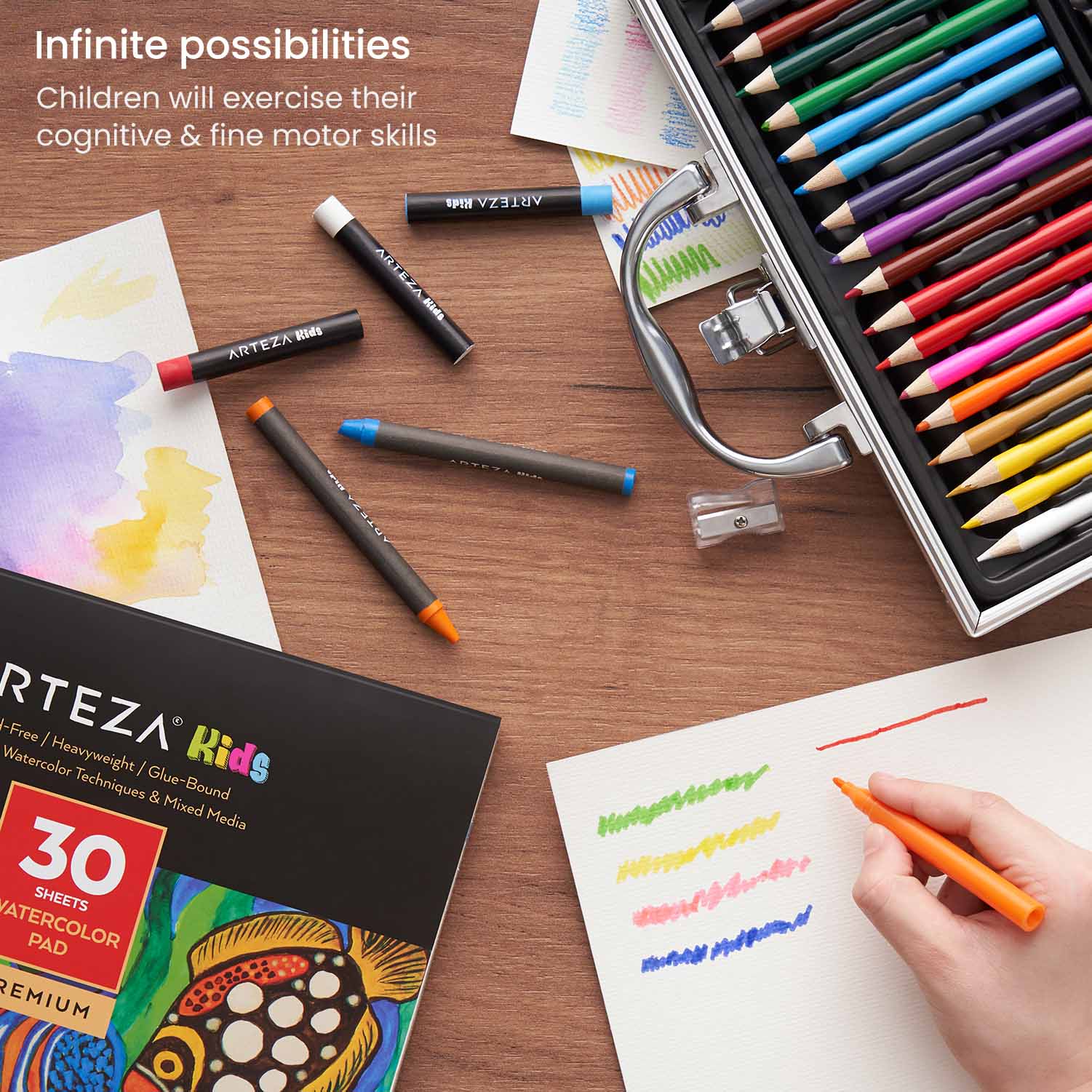 Arteza Kids Fantasy Coloring Kit, 3 Canvas Panels, 4 x 4 in, 10 Markers, 16 Watercolor Pencils, 1 Paint Brush, 1 Sharpener, Kids Activities for Ages