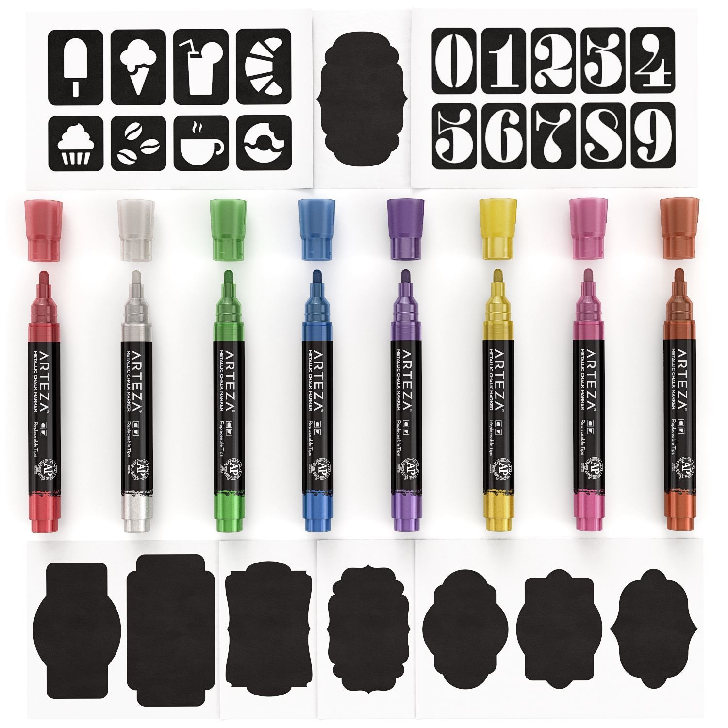 Arteza Liquid Chalk Markers, Water-Based 42-color Pack with 50 Chalkboard Labels