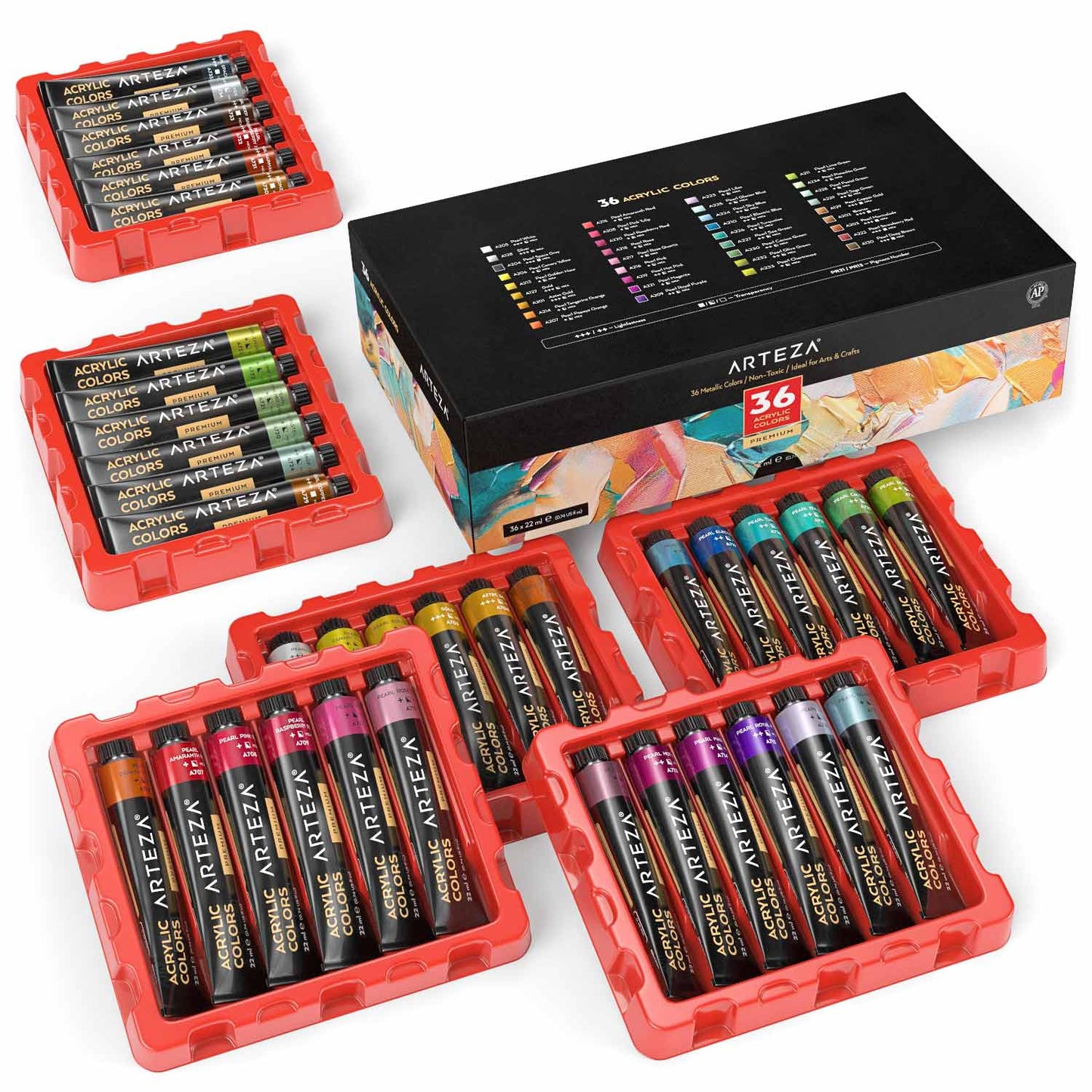 Arteza Acrylic Paint, Set of 12 Colors/Tubes (22 ml/0.74 oz.) with Storage Box, Rich
