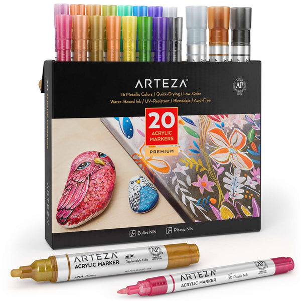 Arteza Metallic Acrylic Paint Pens, Set of 2, Silver & Gold, 3-in-1 Multi-Line N