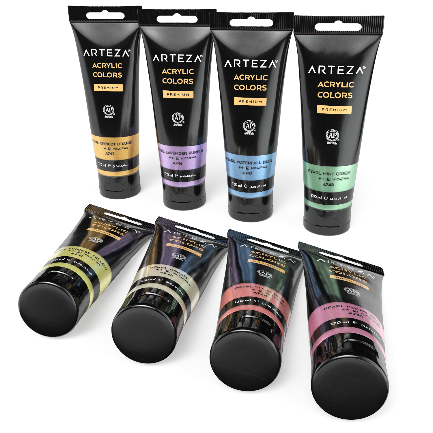 Metallic Acrylic Paint, Pastel Colors, 4oz Tubes - Set of 8