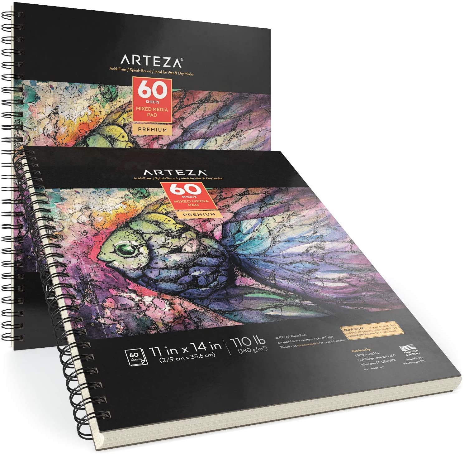 Arteza 11x14” Mixed Media Sketch Book, 2 Pack, 110lb/180gsm, 120 Sheets Pad, for
