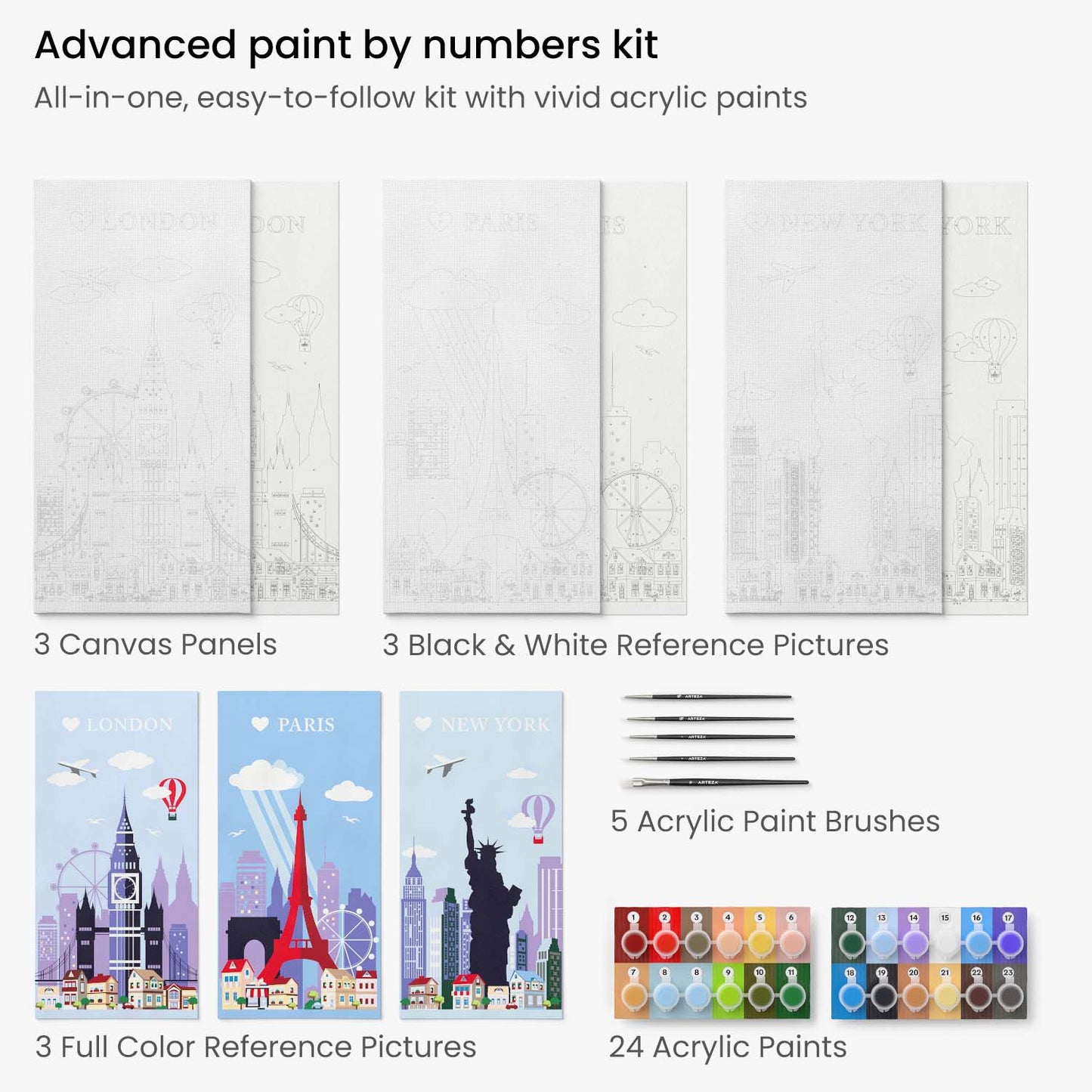Paint by Numbers, Tri-Panel Cities - Advanced Level Kit, Set of 3