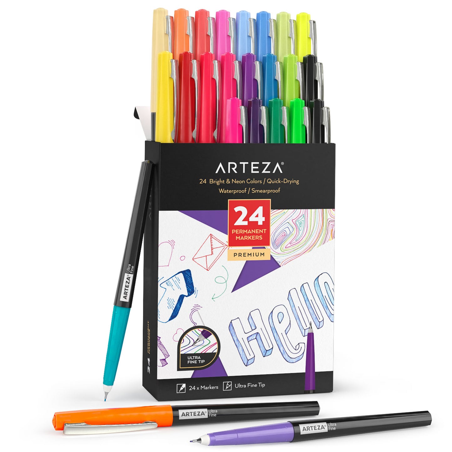 Permanent Markers, Bright & Neon, Ultra Fine Tip - Set of 24