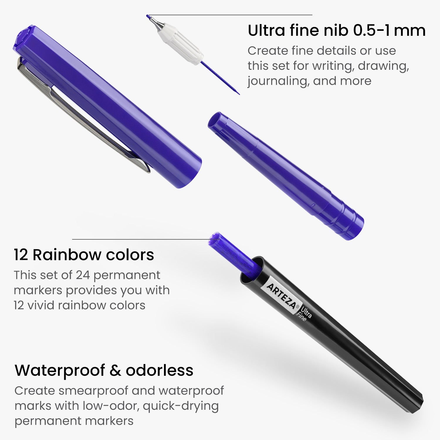 ARTEZA Black Fineliner Pens Set of 12 Ultra-Fine Point Pens for