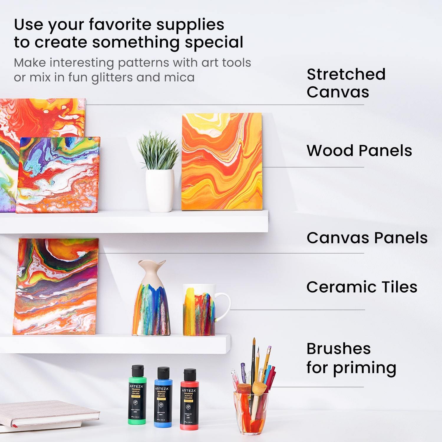 Colorations Pouring Art Paint Kit with 12 Canvas Panels