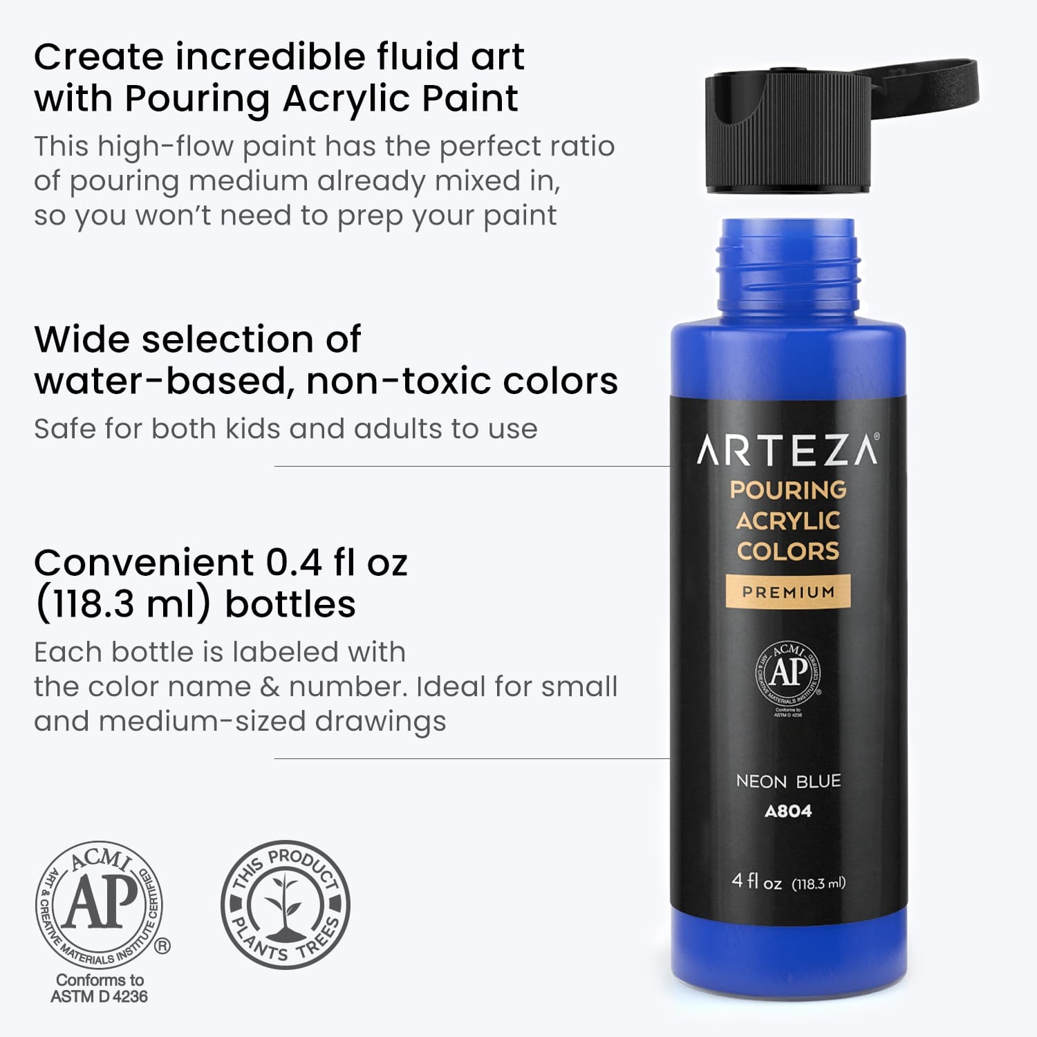 Arteza Pouring Acrylic Paint, Metallic, 4oz Bottles - Set of 4