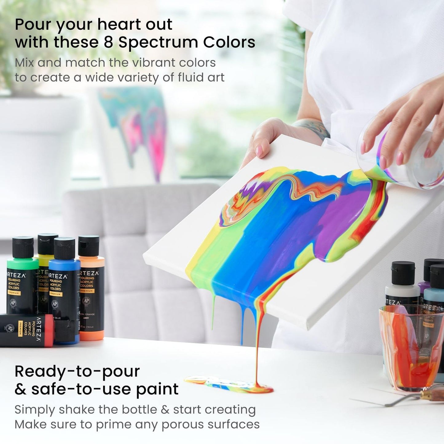 Pouring Acrylic Paint, Rainbow Spectrum Tones, 4oz Bottles - Set of 8