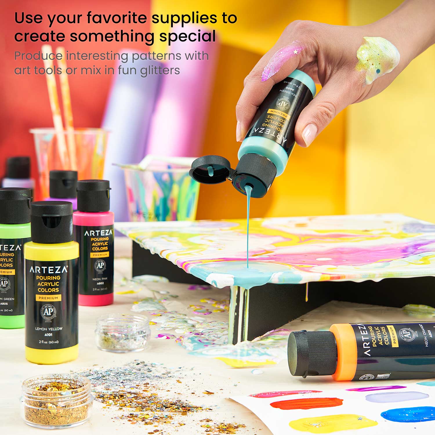 DIY Acrylic Paint Pouring Art Kit with Supplies, Canvases, Glitter and More  
