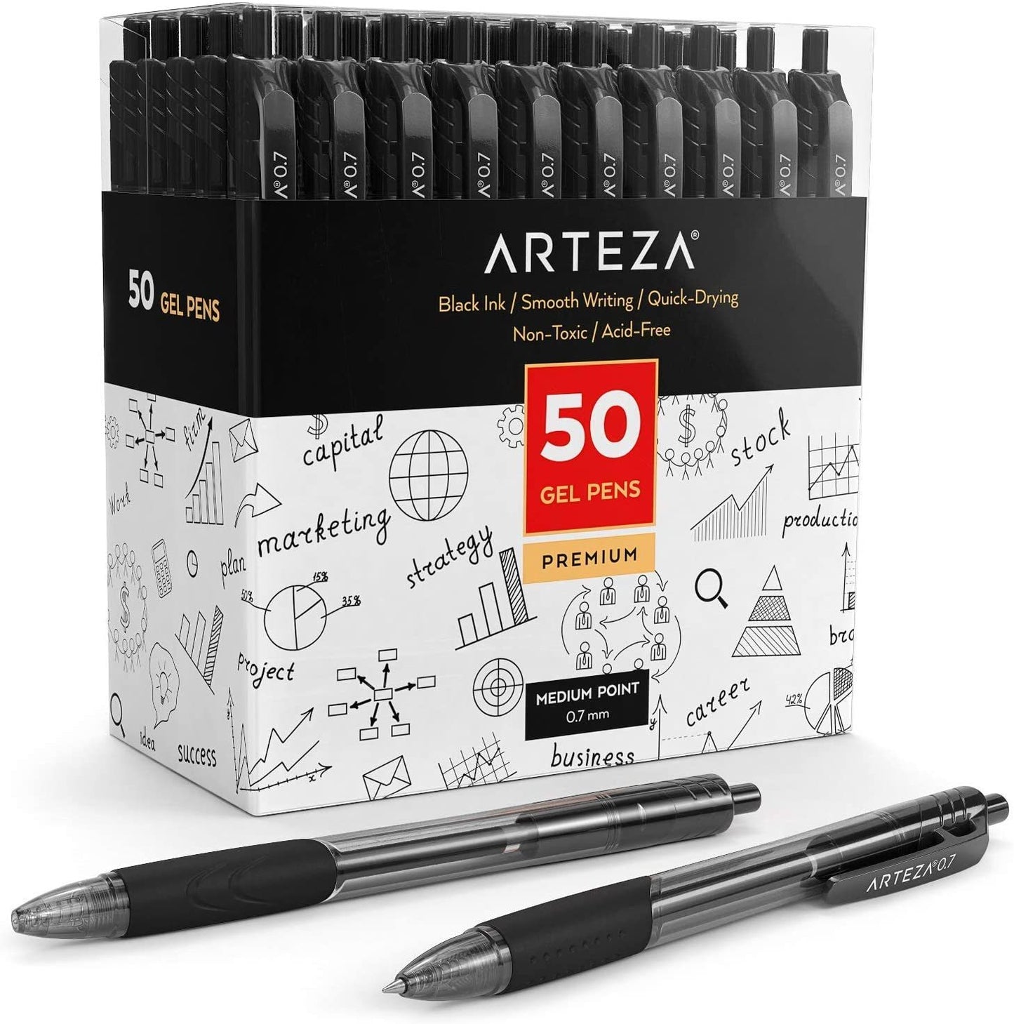 Retractable Gel Ink Pens, Black - 50 Pack