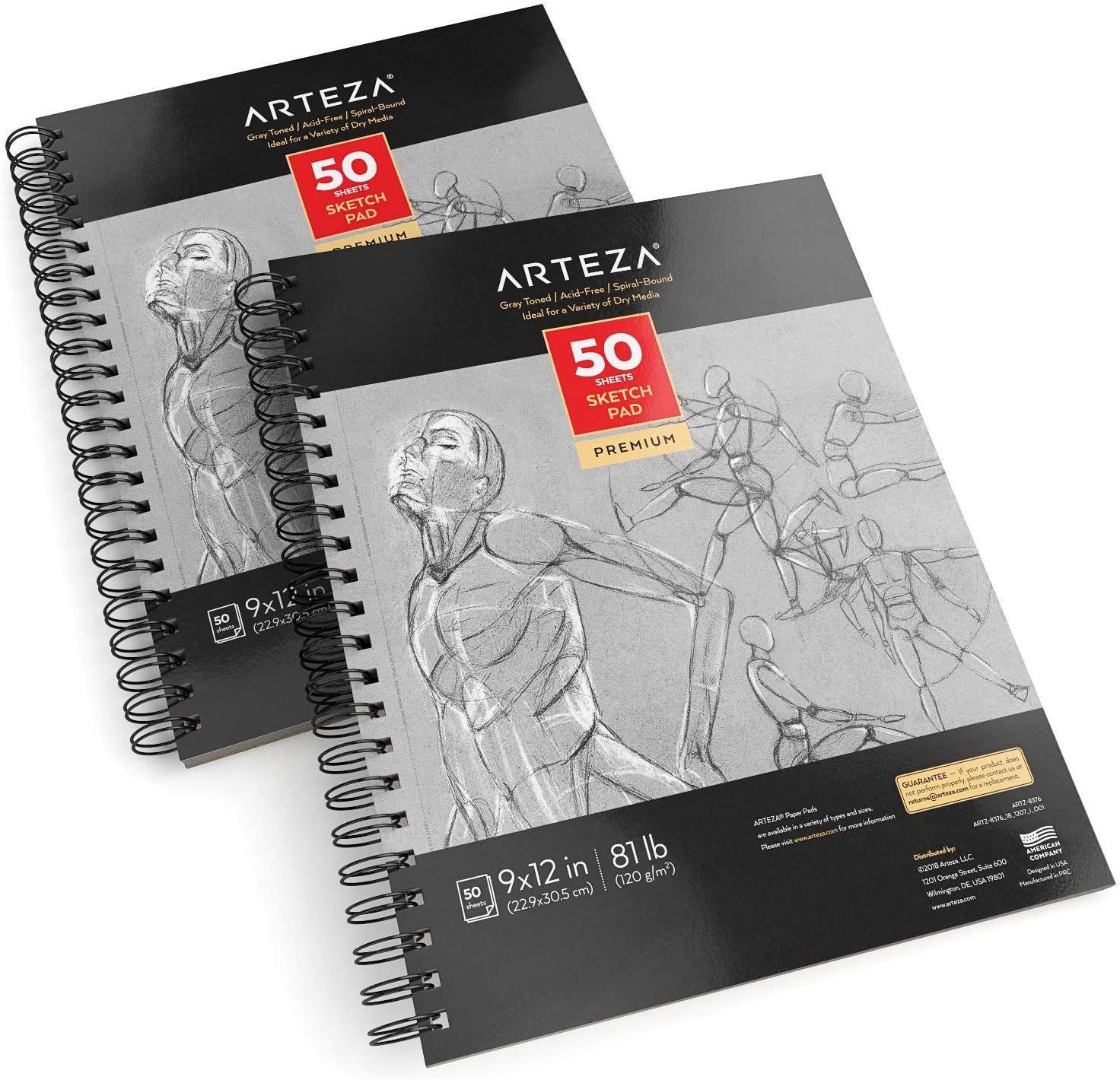 Arteza Sketch Book, 9x12-Inch, Gray Drawing Pad, 100 Sheets, 68 lb 100 gsm, Hardcover Sketchbook, Spiral-Bound, Use with Pencils, Charcoal, Pens, Cray