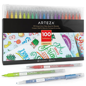 Arteza Felt Tip Pens, Set of 24 Landscape Brush Tip Calligraphy Pens for Note Taking, Sketching, Cross-Hatching, Outlining, Dye-Based Ink, smear-free