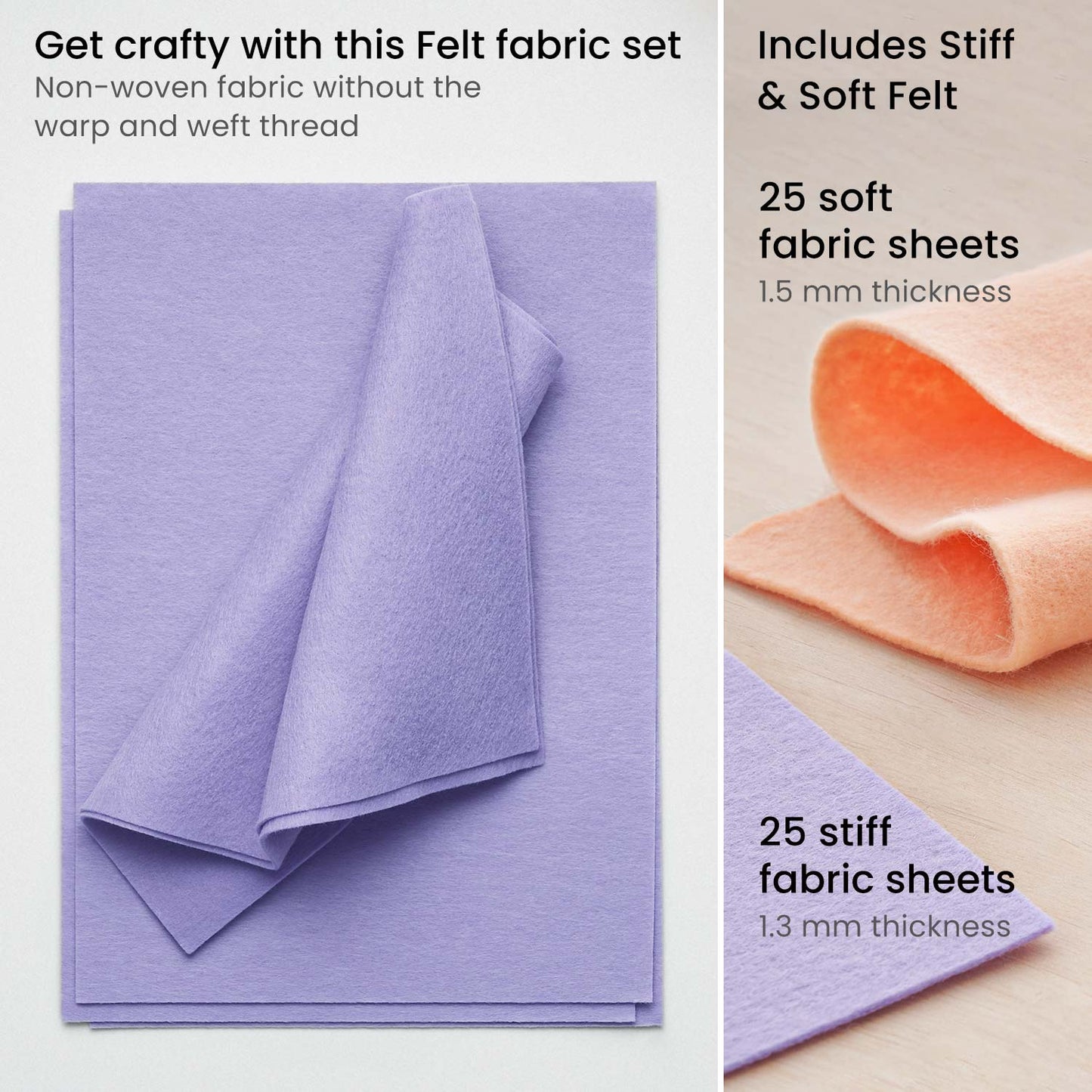 Stiff & Soft Felt Fabric, Pastel Tones - Set of 50 Sheets
