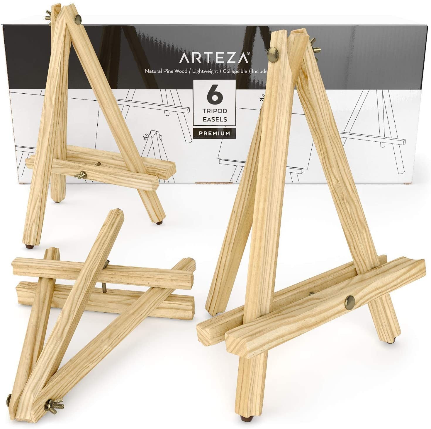 Arteza Tripod Easel, 12, Pack of 6, Natural Pine Wood Finish with Non-Slip for