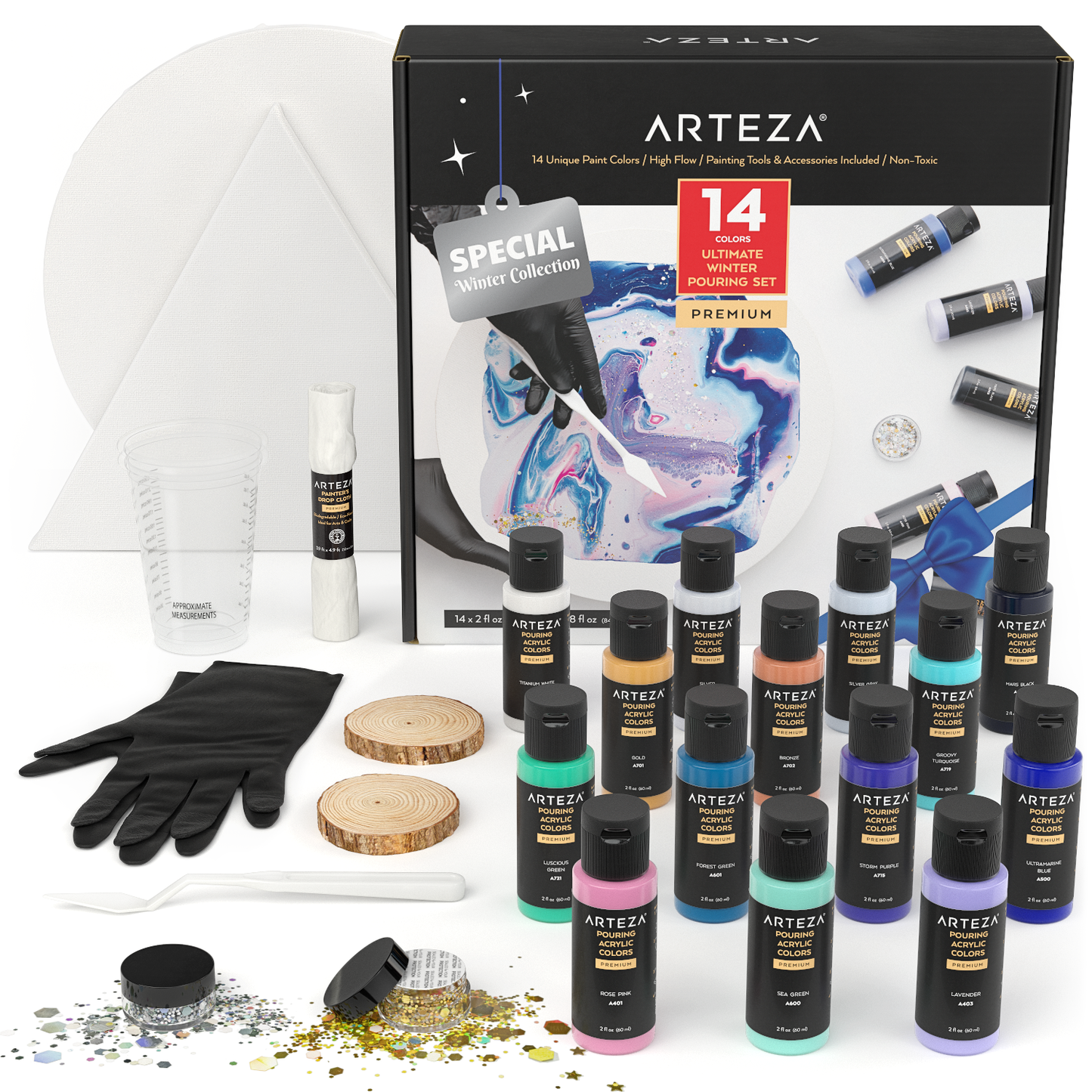 Arteza Winter Acrylic Pouring Paint and Tool Art Set, 30 Pieces