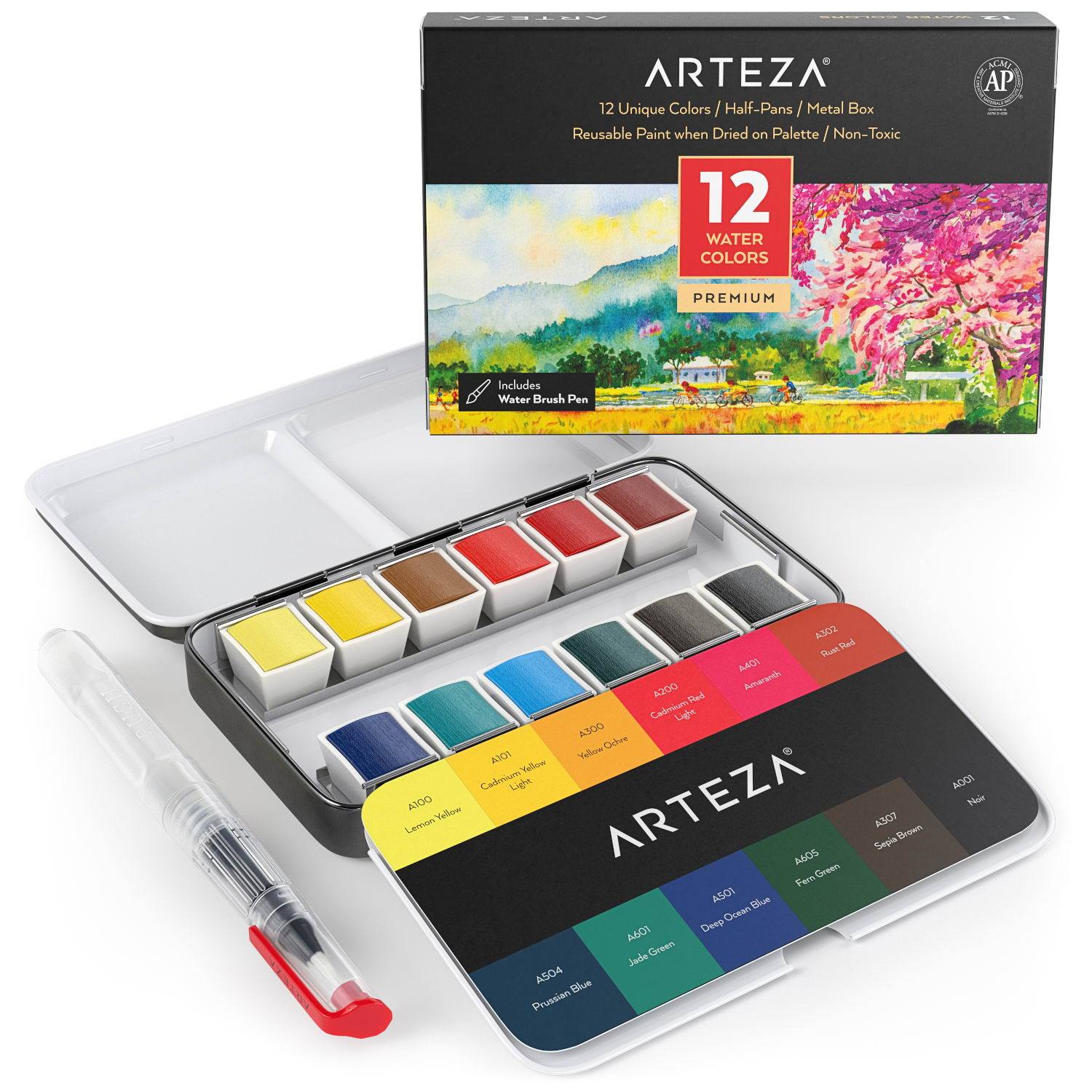 Arteza Iridescent Watercolor Paint Set, 12 Metallic Pearl Colors Half-Pans, Waterbrush Included, Reusable Semi-Moist Glitter Paint, Non-Toxic, Art